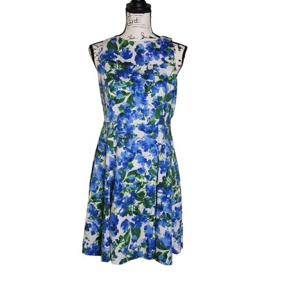 Milly Design Nation Blue and White Floral Sleeveless Fit & Flare Dress, Size 8 - Picture 8 of 10